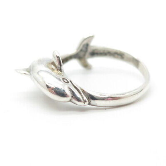 925 Sterling Silver Vintage Silver Cloud Friendly Dolphin Ring Size 7 - Picture 6 of 8
